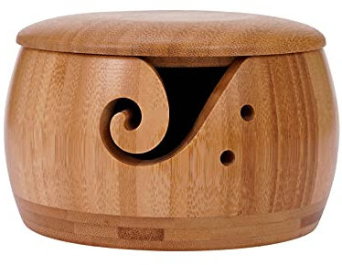 Fiakup Wooden Yarn Bowl Knitting Wool Holder, Yarn Storage Round Basket with Lid & 2 Holes, Handmade Craft Crochet Kit Organizer, for Mother's Day,
