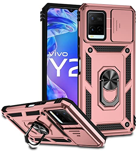 ATISIJIE Handyhülle für Vivo Y21 / Vivo Y21S / Vivo Y33S Hülle, Stoßfest Schutzhülle Vivo Y21 / Vivo Y21S / Vivo Y33S Case Cover mit 360 Grad Metal Ring Halter Standard [Push-Window-Funktion] Roségold