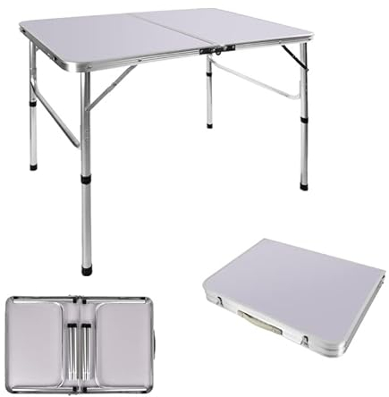 Qimu Table de camping pliante de 0,9 m avec 2 hauteurs réglables (37/67 cm), table pliante portable en aluminium pour camping, fête, jardinage, salle à manger, tréteau, terrasse (blanc, 90 cm)