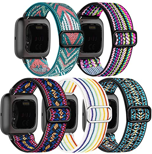 chinbersky 5 Pack Bracelets Compatible avec Fitbit Versa 2 Bracelet/Fitbit Versa Bracelet Femme Homme,Étirement réglable Nylon Sport Bracelet de remplacement Pour Fitbit Versa 2/Versa/Versa Lite/SE