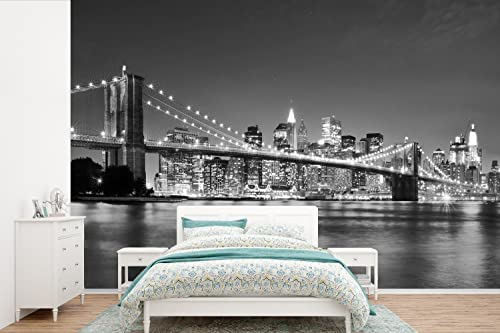 Selbstklebend Tapete Wandpapier Wandaufkleber Fototapete Tapeten Wanddeko 450x300 cm New York - Brücke - Brooklyn - Schwarz und weiß - Architektur