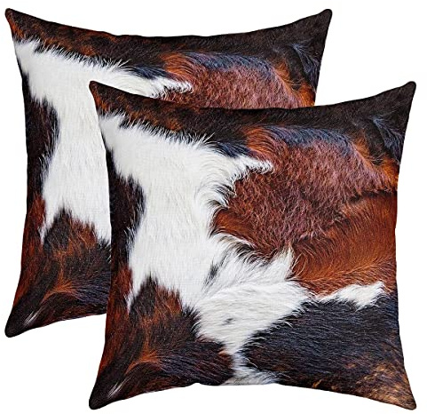 Homemissing Kissenbezug aus Rindsleder, 45,7 x 45,7 cm, Kuhfell-Kissenbezug für Wohnzimmer, Westernfarm, Tierhaut, Weiß / Schwarz / Braun