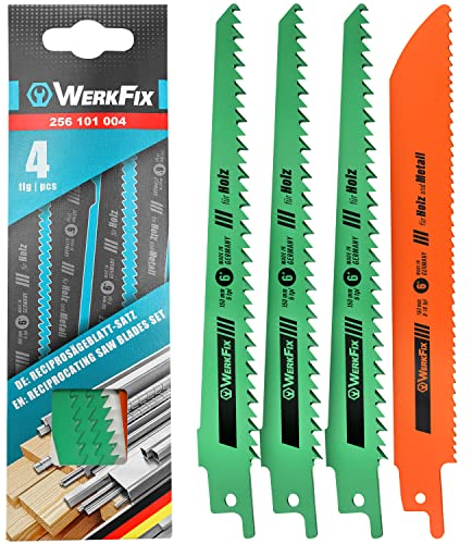 WERKFIX Lame per Seghetto Alternativo MADE IN GERMANY: 3 x Legno e 1x Metallo. Set di 4 x Seghetto a Gattuccio (Bosch, Black Decker, Einhell, Makita etc): Tagli veloci HCS 150 mm
