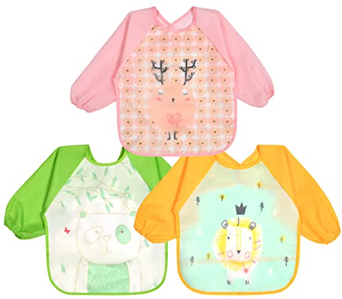 Vicloon Baby Lätzchen mit Lange Ärmeln,3PCS Ärmellätzchen Wasserdicht EVA-Doppelschicht,Süßer Tierstil Baby Bibs Set für Essen Kunst Handwerk Malerei Bemalen Spielen für 6-24 Monaten