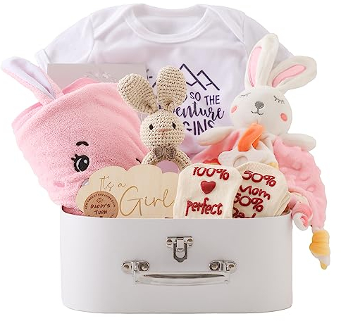 Promise Babe Baby Geschenk Set,Neugeborenen Geschenk zur Geburt Babyparty Badetuch Meilenstein Babydecke Strampler Socken Baby Holz Gehäkelt Greifling Rassel Spielzeug Foto Requisten (For Girl)