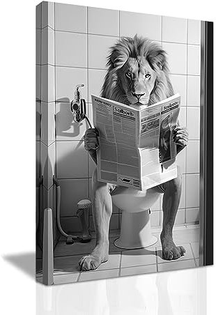 LZIMU Lustige Badezimmer Wanddekoration Löwe sitzt auf der Toilette und liest Zeitung Kunstdruck auf Leinwand Schwarz Weiß Tier Wandbild (C, 40.00 x 60.00 cms)