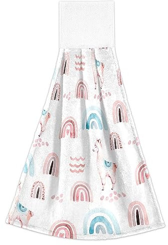 FRODOTGV Weiße süße Lama-Tier-Waschlappen mit Aufhängeschlaufe Ostern Küche Geschirrtücher Waschlappen Kuchen Set von 2