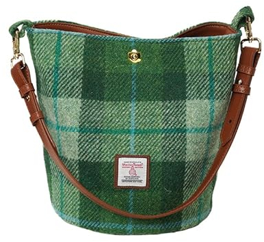 TAILORMAP Harris Tweed Frauen Bucket Bag Schultertasche Handtasche mit zwei Arten von Lederriemen, Grünes Plaid