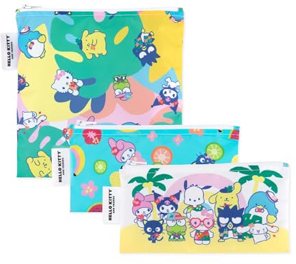 Bumkins - Cloth Snack & Sandwich Bags - For Storage, Travel, Food Prep, Lunch - Reusable, Water Resistant, Washable, Dishwasher Safe - Snack Bags for Kids - Zipper Closure - Hello Kitty - 3 Pack
