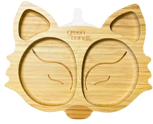 green bandit® Wolf Baby Kleinkind Teller aus Natürlichem Bambus mit Rutschfester und Abnehmbarer Saugnapf und vier Abschnitten für Babygeleitete Entwöhnung (BLW) (Weiß)