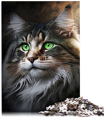 Puzzle 500 Teile Grüne Augen Maine Coon Holzpuzzles Nachhaltiges Puzzle für Erwachsene | Spiele 14,96 x 20,47 Zoll