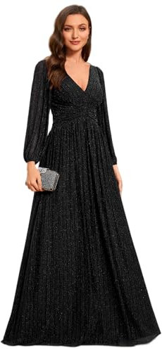Ever-Pretty Women's Glitter A Line V Neck Pleated Long Sleeve Evening Dress Black 14UK