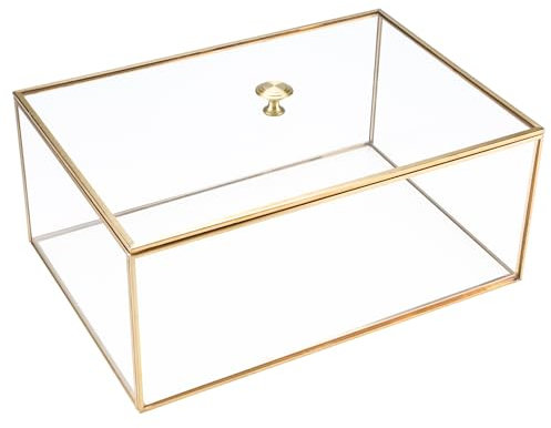 Sparkfire Golden Glass Box Terrarium with Cover, Large Retro Jewellery Box, Transparent Glass Vintage Storage Organiser for Wedding Birthday Party Decor (33.2 * 22.9 * 14cm)