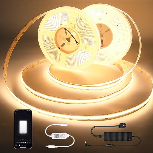 Wi-Fi LED Streifen COB 15M, Warmweiss LED Strips 24V Mit Fernbedienung, Dimmbar, Timing Funktion, Musik-Sync, Dekoration für Küchenschränke, Lagerschränke und Feiertagsdekoration, Feiertage