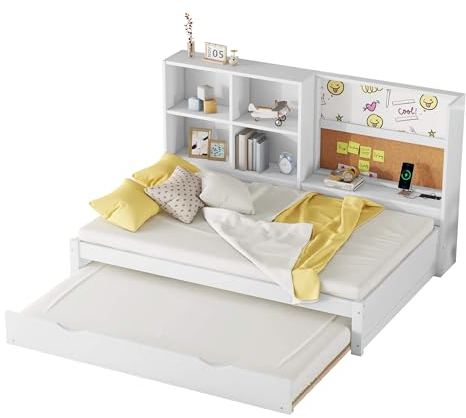 Kinderbett, Doppelbett 90 x 200 cm mit Lattenrost und Ausziehbarem Bett, Schlafsofa Tagesbett mit Offenes Ablagefach und Zeichenbrett, für Kinderzimmer, Gästebett Jugendbett, Ohne Matratze, Weiß