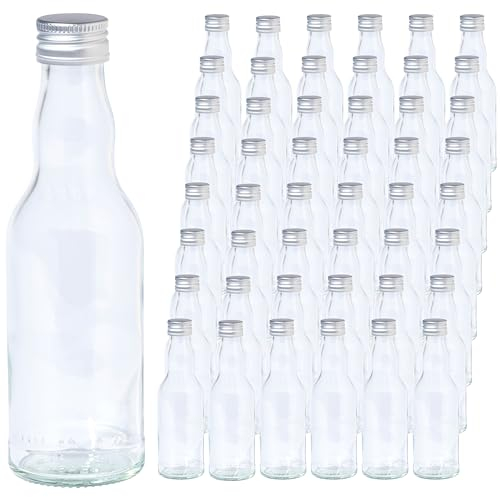 Vitrea 48 leere Glasflaschen 200ml Schraubverschluss Silber - kleine Flaschen zum Befüllen mit Deckel - für Saft, Getränke, Likör, Öl, Saucen, Sirup - 48 Stück, PP28, Kropfhals