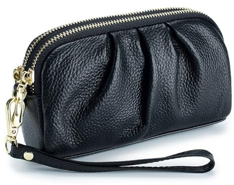 VKEID Clutch Wallet für Frauen Damen Leder Clutch Damen Doppelreißverschluss Geldbörse Handytasche(Black)