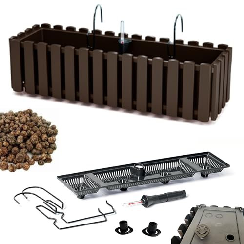 DIKEL Fioriera 58x18x16,5 cm da balcone con sistema di irrigazione e tappi di drenaggio | Vaso per giardino moderno, protegge le radici e previene il ristagno d'acqua | Marrone