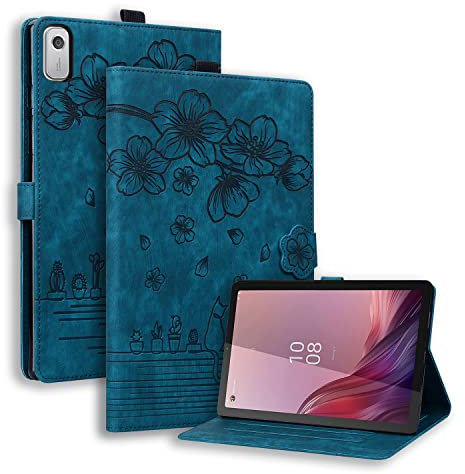 TEDTIKJT Funda para Lenovo Tab M9 9 Pulgadas Carcasa PU Cuero Folio Fundas con Ranura Tarjetas Magnético Soporte Protección Tablet Cover para Lenovo Tab M9 Funda,Flores Cerezo Gatos Azul