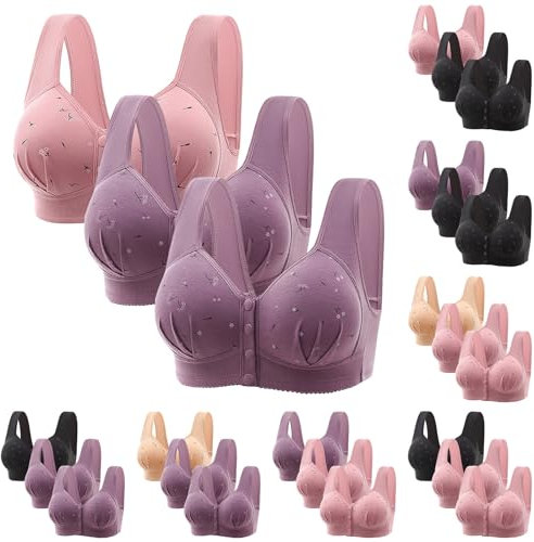 3 Pack Multicolor Plus Size Non Wired Front Fastening Bras for Women UK, Comfortable Cotton Lifting Anti-Sagging Sports Bras with Full Support for Everyday Wear