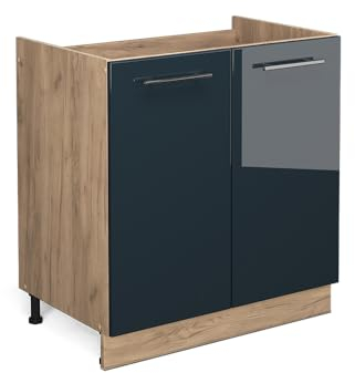 Vicco Meuble Bas sous-évier Fame-Line, Bleu foncé Brillant/Chêne de Force doré, 80 cm sans Plan de Travail