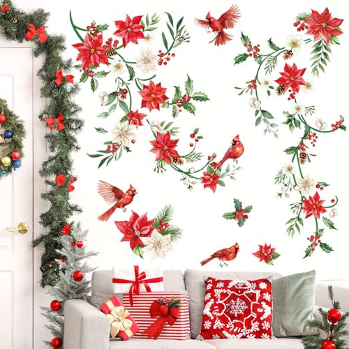 decalmile Weihnachten Fenster Wandtattoo Weihnachtsblumen Wandaufkleber Kardinal Vogel Weihnachten Blumen Rebe Wandsticker Wohnzimmer PartyWeihnachtsdeko