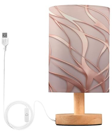 SKYSHU Rose Gold Stripes Bedside Table Lamp, Small LED Desk Light USB Nightstand Lamp with Non Slip Wood Base & Eye-Friendily Lampshade for Living Room Bedroom Dorm Home Office Desk Decor