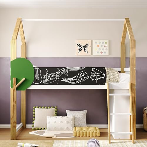 MOBETTRES Multifunktionales Kinderbett, Einzelbett, mit baumförmigem Graffiti-Board, mit Leiter & beweglichem Aufbewahrungsschrank, mit Stauraum, ohne Matratze, 90 * 200 cm, Weiß + Naturfarben