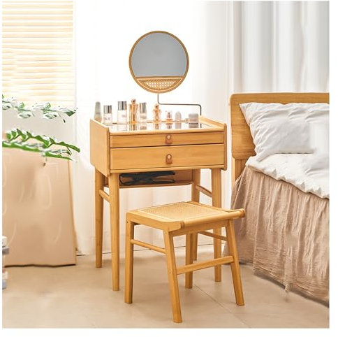 Bamboo Makeup Vanity Table with Stool - 360° Rotating Mirror, 2 Drawers, Tempered Glass Top, Bedroom Dressing Table and Storage Dresser Set