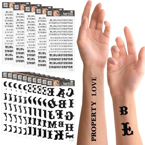 Andibro Lot de 20 feuilles de tatouages temporaires, autocollants de tatouages en lettres auto-adhésives, 5 styles de lettres différents, autocollants de tatouage noirs imperméables, tatouage de n