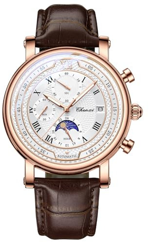 JewelryWe Herrenuhr Echtleder Chronograph Uhr: 30 Wasserdicht Analog Quarz Armbanduhr Herren Braun Lederarmband Leuchtende Uhren mit Kalender, Stoppuhr, Leuchtzeiger, Sonnen- & Mondanzeige