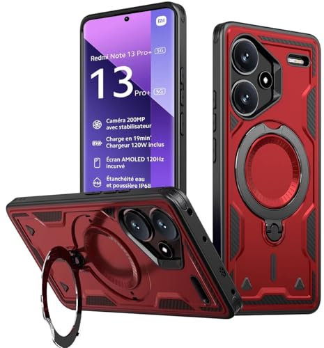 KANSi Coque pour Xiaomi Redmi Note 13 Pro Plus 5G / Note 13 Pro+ 5G, Militaire Etui Antichoc Housse avec Téléphone avec Anneau et Support - Coques Rouge