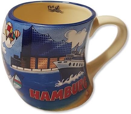 Generisch Hamburg Souvenir Kaffeetasse, Geschwungen, Maritimes Design mit Stadtmotiv, Blau-Beige