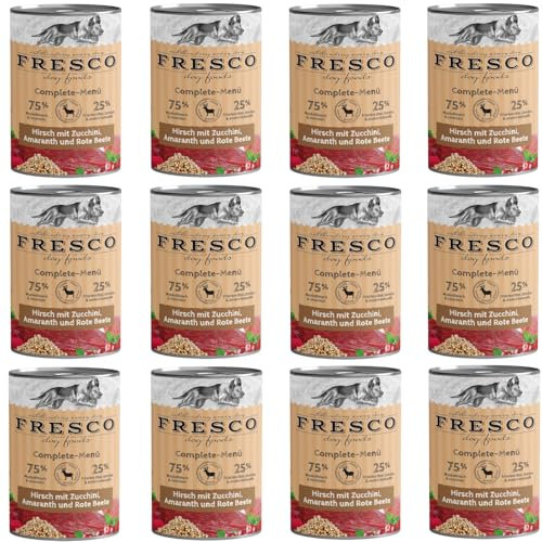 Fresco Complete-Menü Hirsch mit Rote Beete, Preiselbeeren und Amaranth | 12er Pack | 12 x 400 g | Nassbarf für Hunde | Hoher Proteingehalt | Grob zerkleinertes Naturprodukt