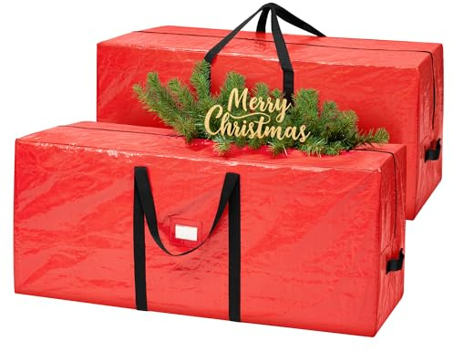 SONGMICS Christmas Tree Storage Bag, Fits Artificial Trees up to 7.5 ft, Large Heavy Duty Decorations Organiser with Zip, Reinforced Seams, Long Handles, Tear-Resistant PE, Red RXS005R01