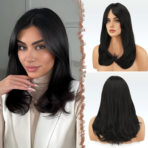 FESHFEN Layered Perücke Pony, Kunsthaar Perücken Damen, Natürlich Schwarz | 45 cm Natürlicher Look Synthetik Hitzebeständigen Haarperücke, Gesichtsrahmender Stufenschnitt, für Tägliche Karneval Cosplay
