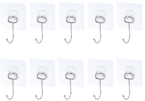 Self-Adhesive Heavy Duty Hooks, Command Hook & Stick On Hooks - 10 Pack Strong Adhesive Hook | Clear Removable Waterproof Hangers for Bathroom, Kitchen