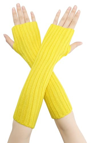 Elerevyo Solid Color Knit Elastic Elbow Long Fingerless Arm Warmers Gloves | Stretchy knit fabric keeps arms toasty. Thumb hole design. Touchscreen compatible. Driving, typing.