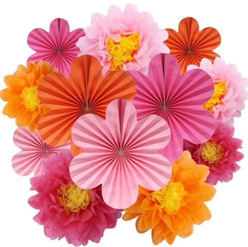 BestoFun Ensemble de 12 Éventails en Papier et Pompons en Papier Rose et Orange, Guirlande Suspendue pour Mariage, Anniversaire, Fête de Jardin, Décoration de Table