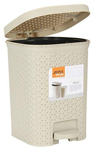TENLITE (Beige 7L Square Plastic Pedal Bin – Rattan-Style Waste Bin with Foot Pedal, Hinged Lid & Inner Bucket – Compact, Hygienic Rubbish Bin for Bathroom, Kitchen, Bedroom & Office Use