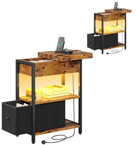 YITAHOME Set of 2 Narrow Side Tables with Charging Station and LED, Slim Side Table with Storage Drawer, Bedside Table with USB Ports Outlets Sofa Table Nightstand for Living Room, Rustic Brown
