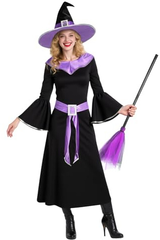 BSBUY Halloween Kostüm Damen 5PC Schwarz Lila Hexenkostüm Set mit Hexenkleid/Zaubererhut/Gürtel/Hexen-Zauberbesen/Tattoo-Aufkleber Zauberer Kostüm Erwachsene Hexenkostüm Mädchen für Karneval Fasching