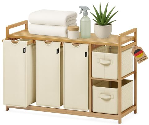 XMHome Wäschekorb 188L mit 3 Wäschesäcken & 2 Aufbewahrungsboxen,Bambus | 5 Fächer Wäschesortierer mit Bambus Regal, Wäschesammler für Bad, Schlafzimmer & Waschküche,Beige