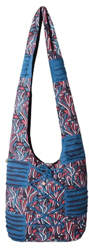 Vishes Schultertasche Baumwolle Stofftasche mit Kreuzschnürung schwarz-türkis