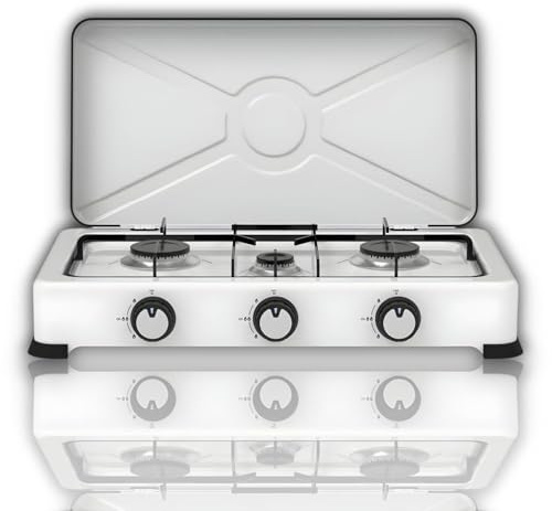 Cocina Portátil de Gas 3 Fuegos, Metálico, Acero, 57x6x28 cm, Control Manual, Camping y Exteriores