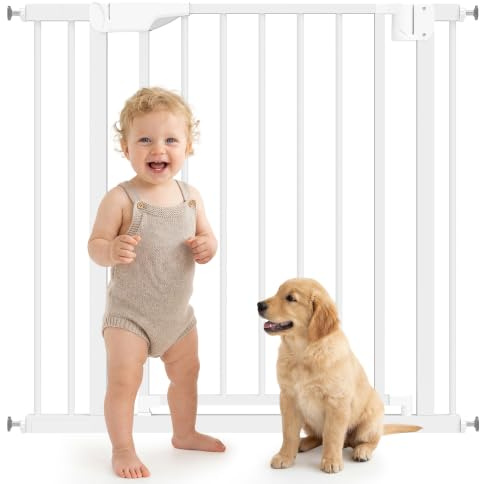 PawHut Barrera de Seguridad para Niños y Perros Extensible 76-88 cm Blanco | Puerta para Perros para Puertas y Escaleras, Bloqueo Doble, Cierre Automático, Montaje a Presión, Extensión 7 cm