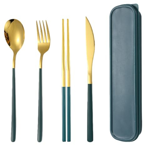 PLUSHCEWT Travel Cutlery Set for 1,Reusable Stainless Steel Knife Fork Spoon Chopsticks with Case,4 Piece Ideal Portable Pink Lunch Cutlery Set for Work,Camping & Home (Green Gold)