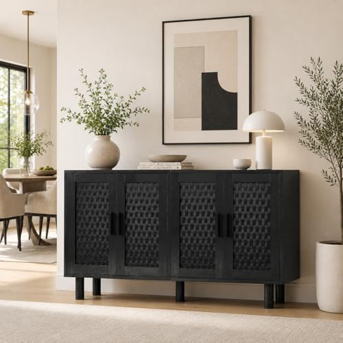 OLIVIBED Rattan Sideboard mit 4 Türen, Wohnzimmerschrank mit Modernen Metallgriff, Highboard in Landhausstil, Küchenschrank für Wohnzimmer Küche Esszimmer, 140x40x80cm, Schwarz