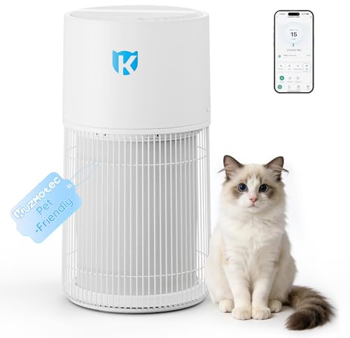 Kuzmotec purificateur d'air pour animaux, air purifier intelligent avec filtre HEPA 4 étages, CADR 450 m³/h, filtre 99,97% allergènes comme poils d'animaux et particules fines, idéal pour animaux