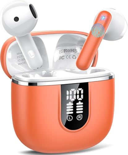 Wireless Earbuds with 6D Stereo, Bluetooth Headphones for Work,Sport Orange | Bluetooth 5.4, ENC Noise Cancelling,USB-C Fast Charging, IP7 Waterproof, Mini Ear Buds with Big Bass, Android iOS,LED Display